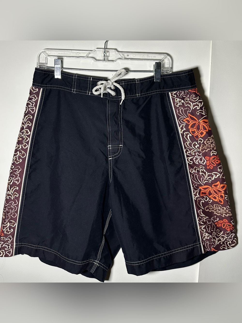 Vintage Y2K Express Men's Black Swim Trunks with Tribal Print Orange panels